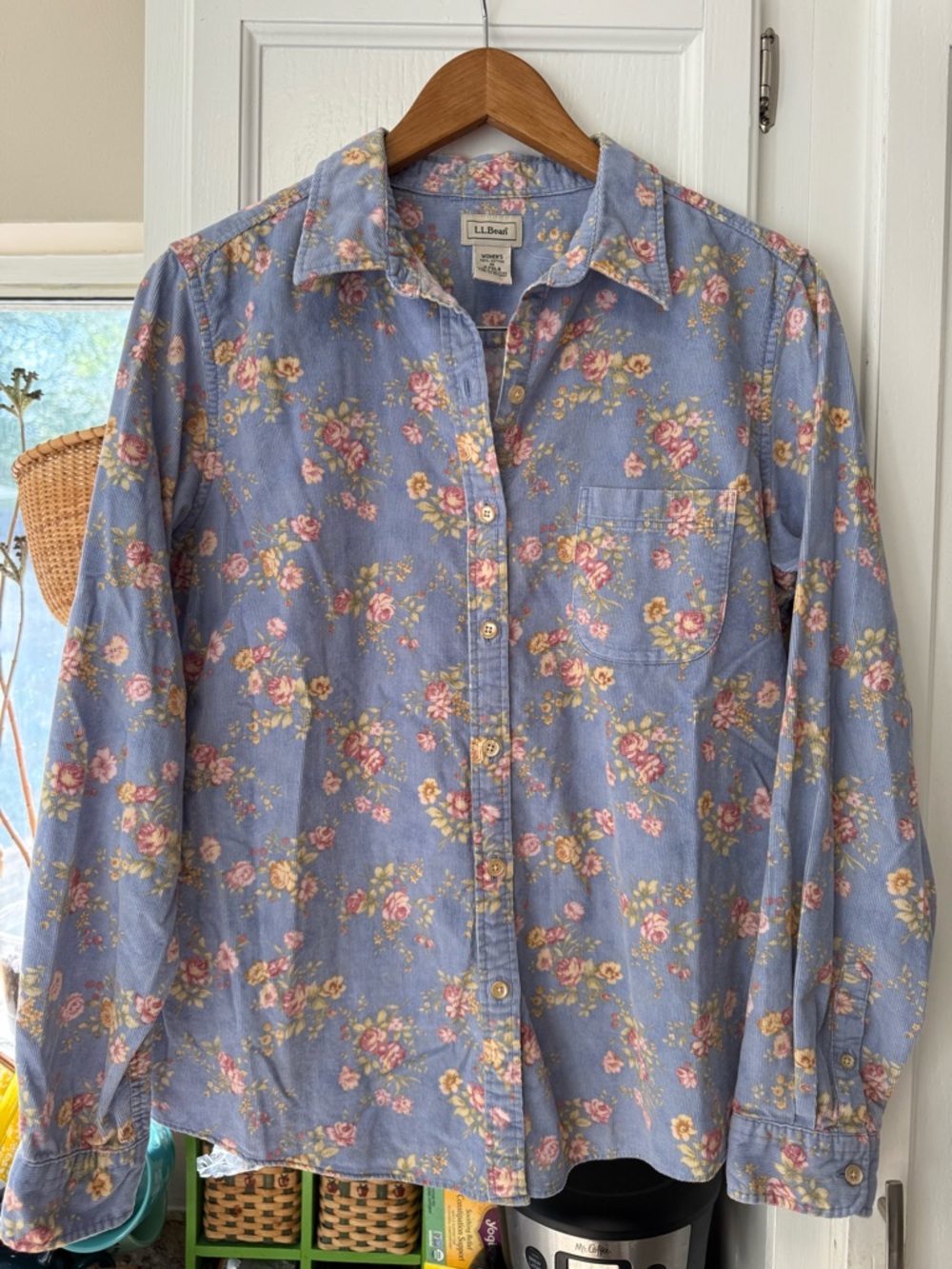 L.L.Bean Light Blue Corduroy Floral Button-Down Shirt
